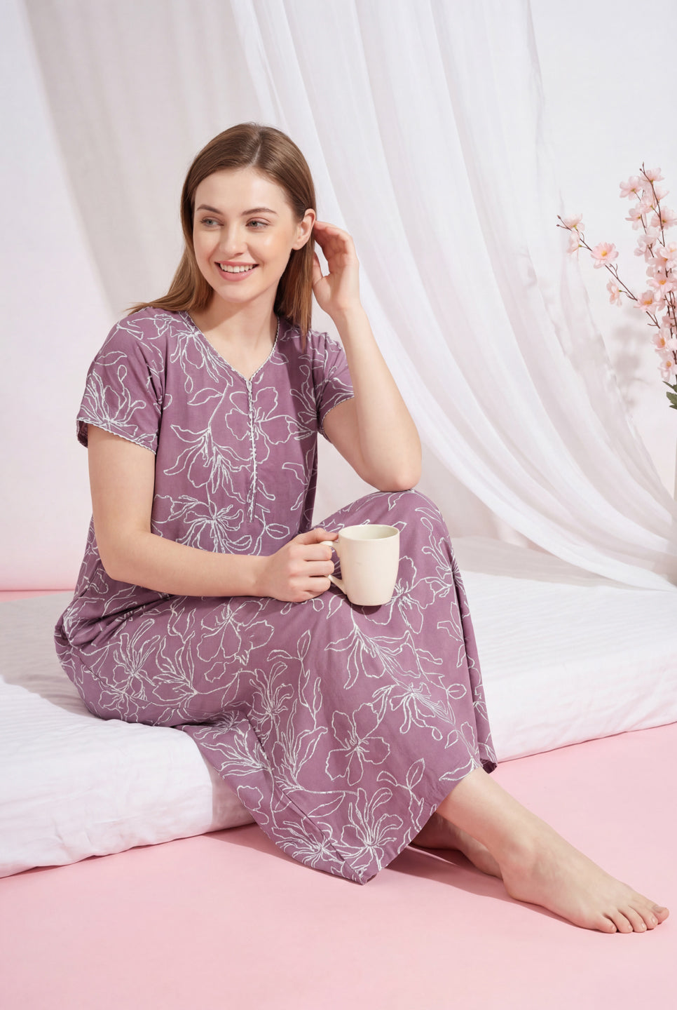 Silver Blush - Cotton Lounge Night Gown