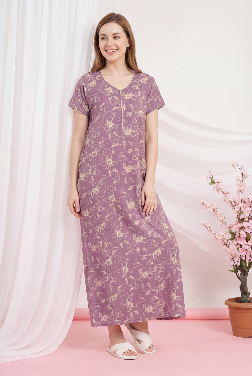 Silver Blush - Cotton Lounge Night Gown