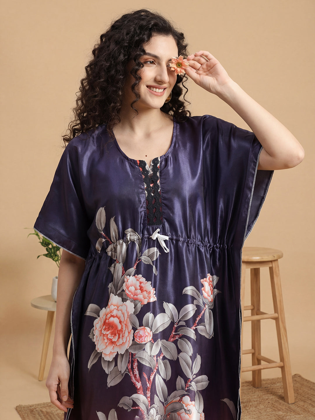 Midnight Bloom Satin Kaftan Nightgown