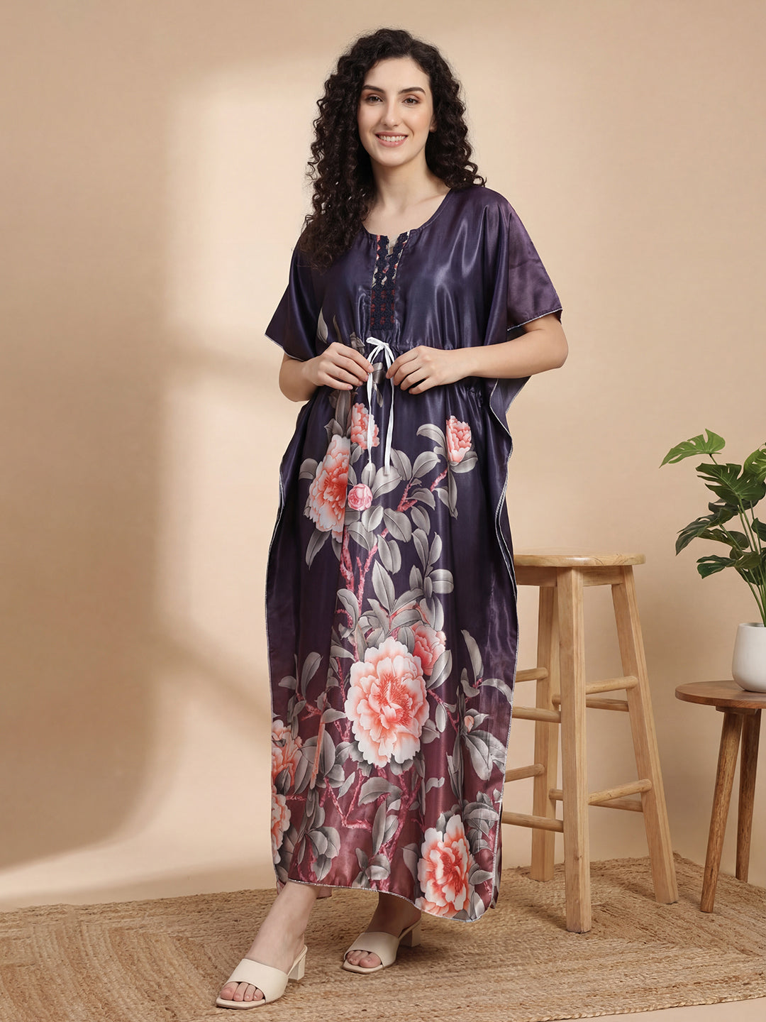 Midnight Bloom Satin Kaftan Nightgown