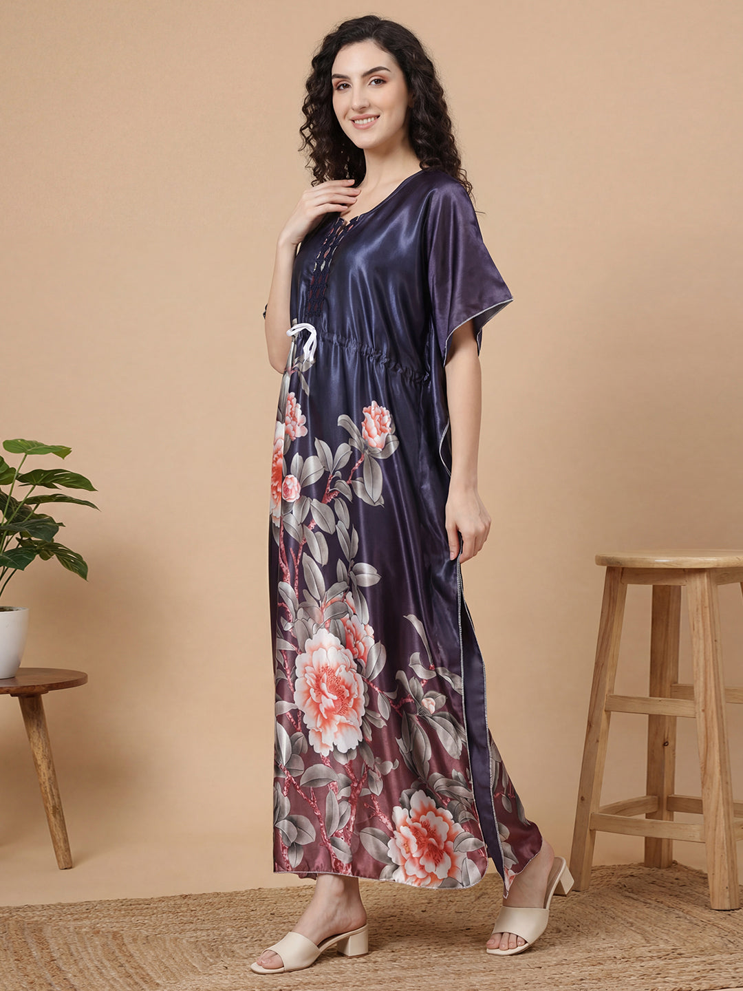 Midnight Bloom Satin Kaftan Nightgown