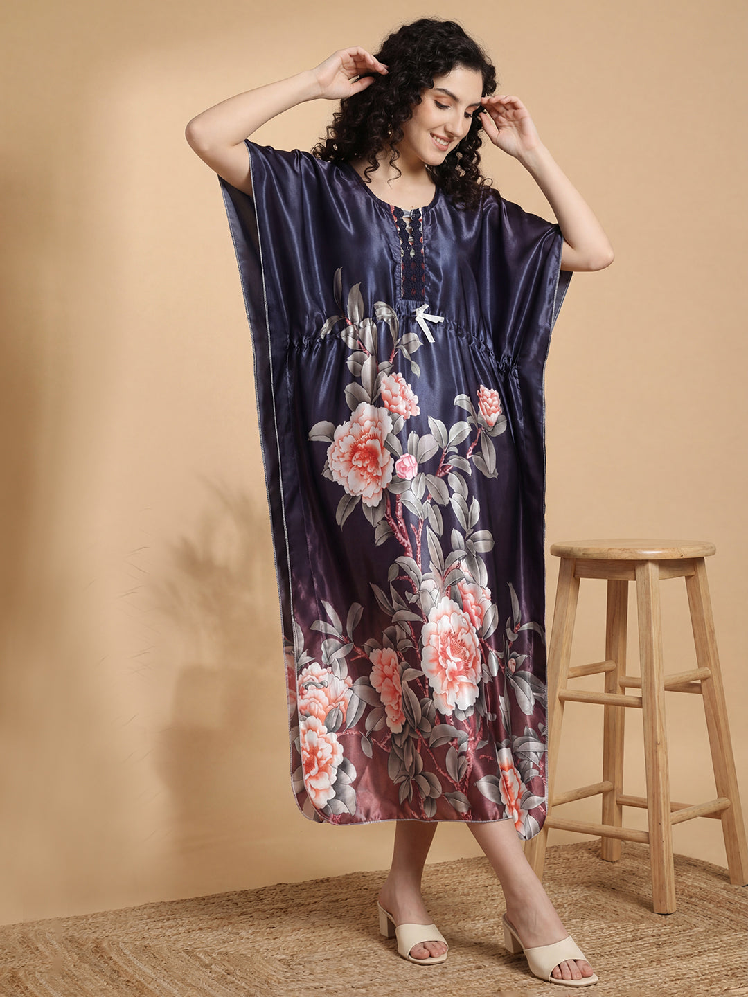 Midnight Bloom Satin Kaftan Nightgown