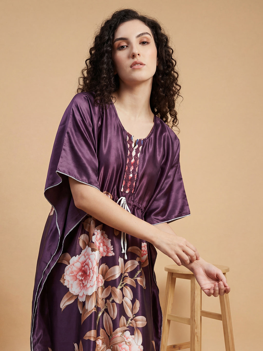 Midnight Bloom Satin Kaftan Nightgown