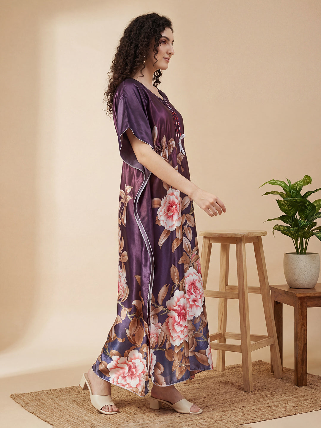 Midnight Bloom Satin Kaftan Nightgown