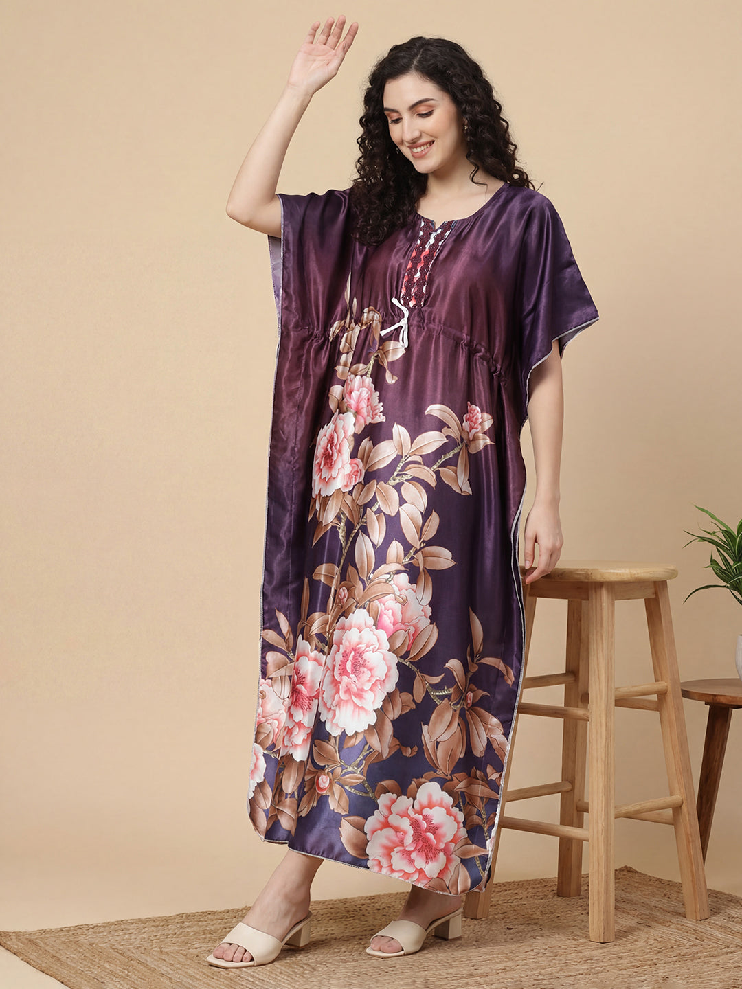 Midnight Bloom Satin Kaftan Nightgown
