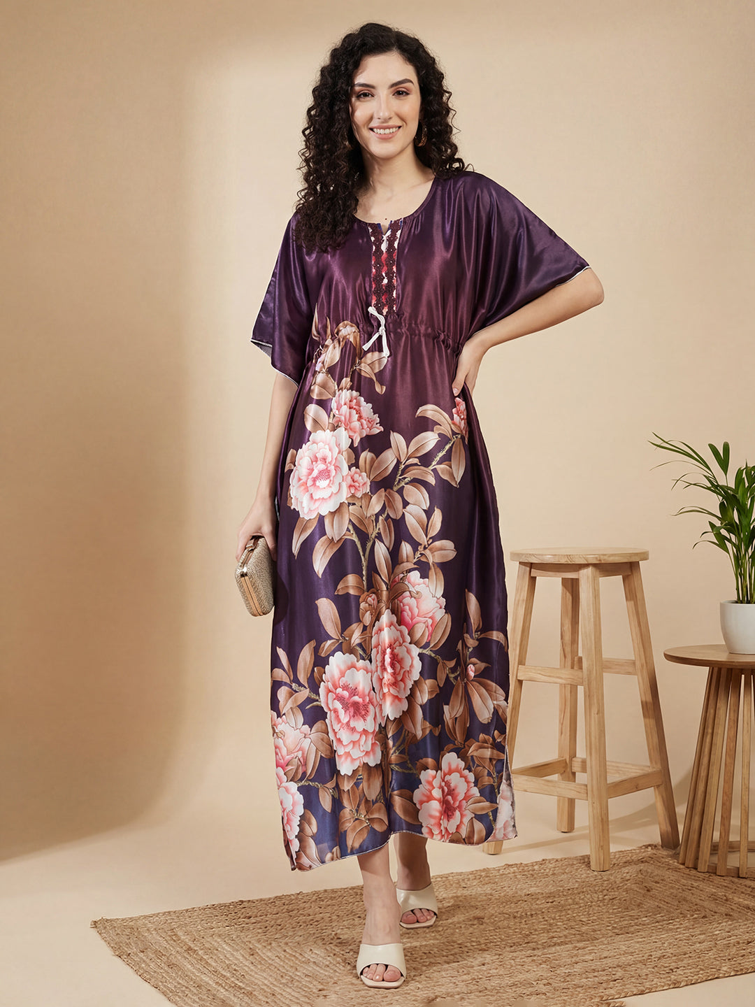 Midnight Bloom Satin Kaftan Nightgown