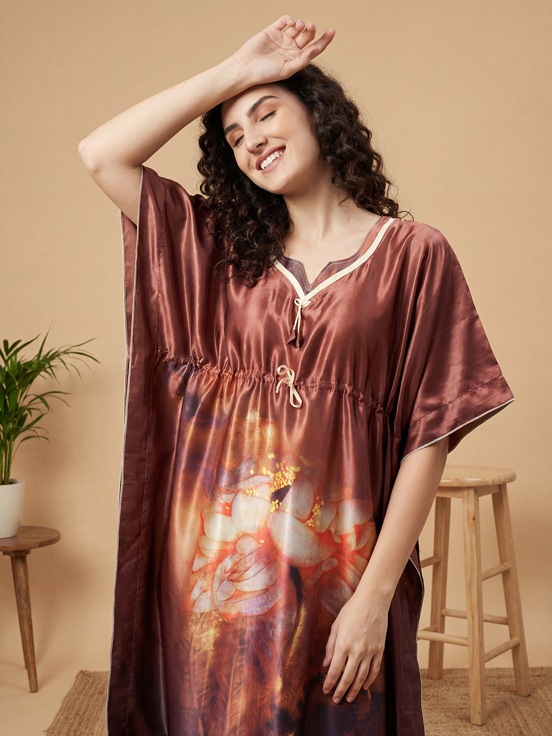 Autumn Bloom Satin Kaftan Nightgown