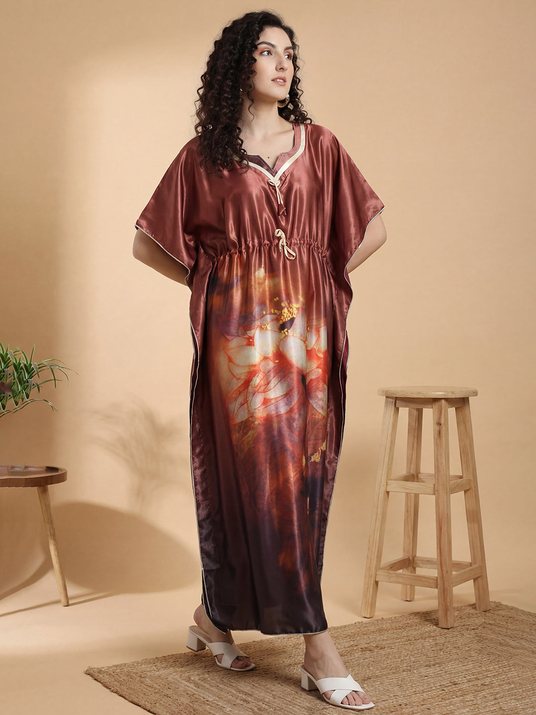 Autumn Bloom Satin Kaftan Nightgown