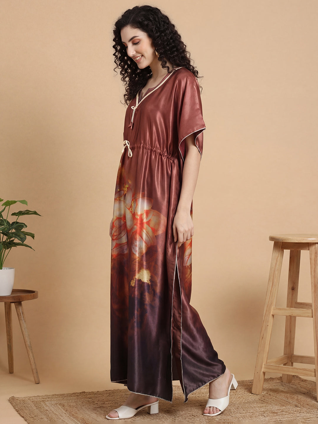 Autumn Bloom Satin Kaftan Nightgown