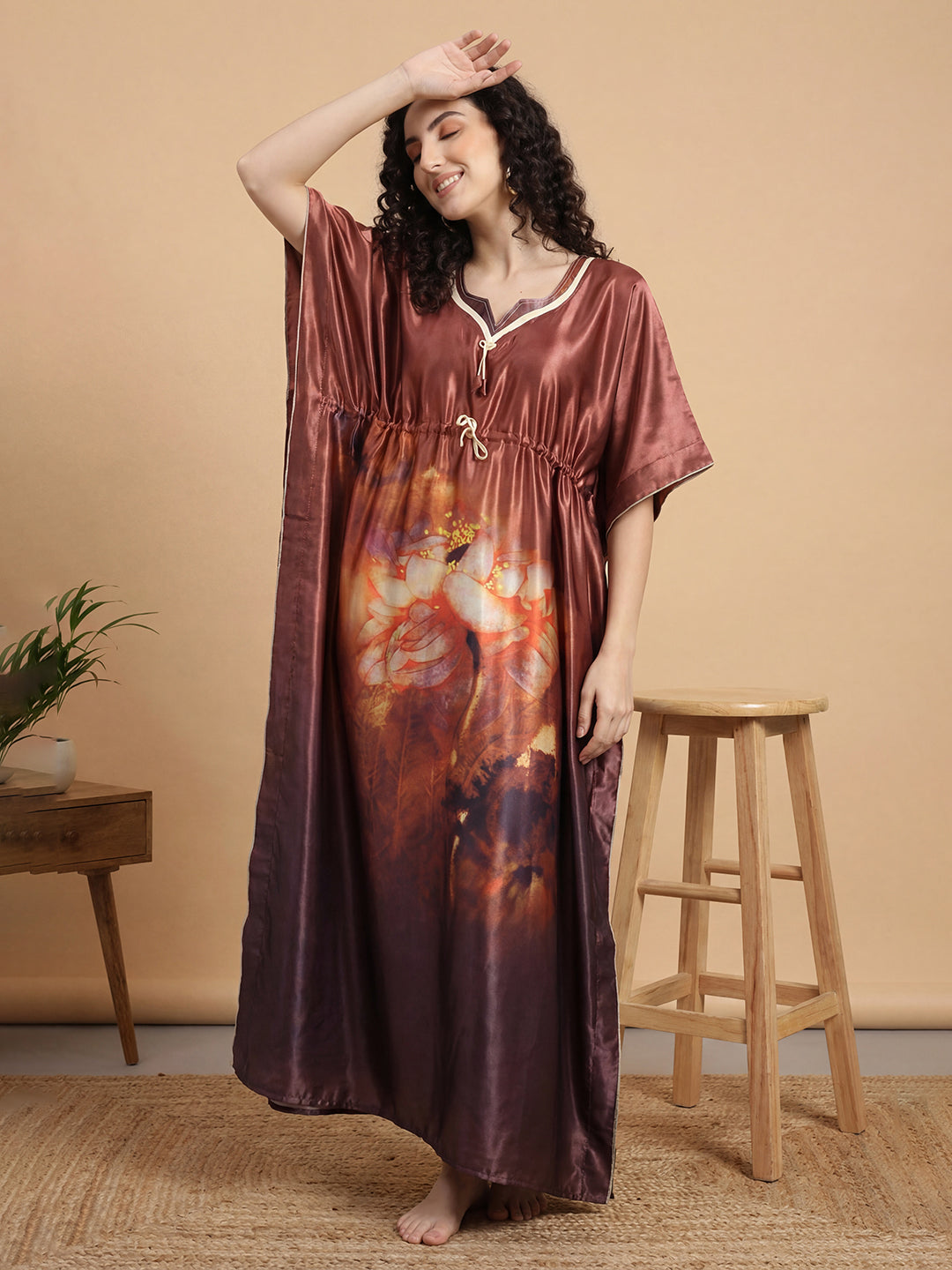 Autumn Bloom Satin Kaftan Nightgown