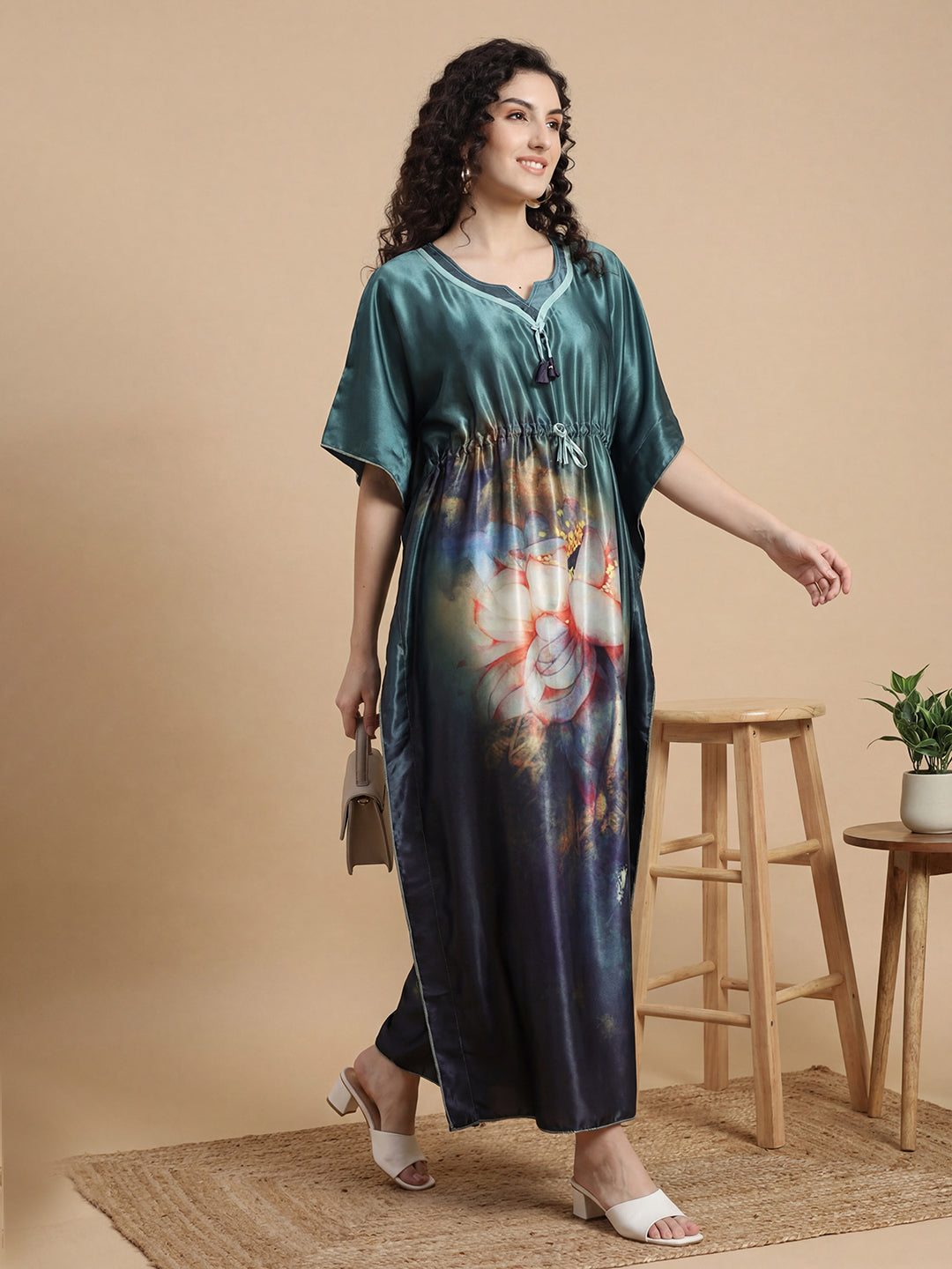Autumn Bloom Satin Kaftan Nightgown