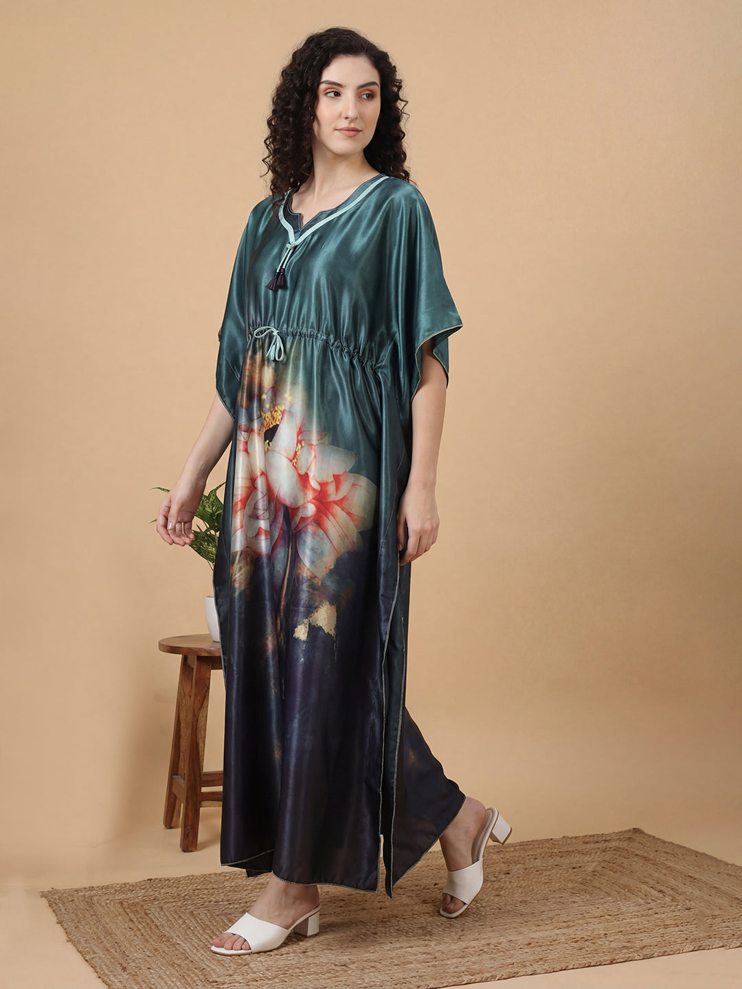 Autumn Bloom Satin Kaftan Nightgown