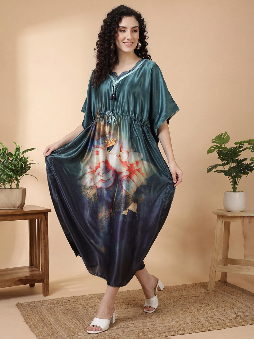 Autumn Bloom Satin Kaftan Nightgown