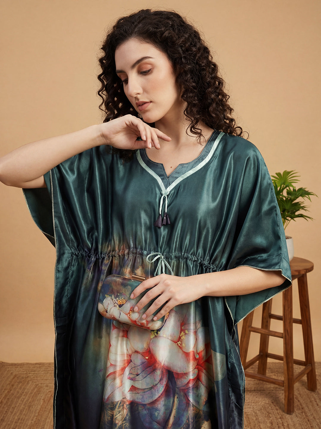 Autumn Bloom Satin Kaftan Nightgown