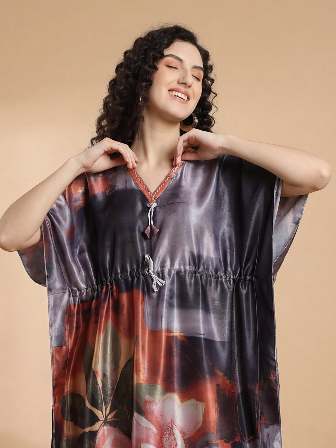 Floral Reverie Satin Kaftan Nightgown