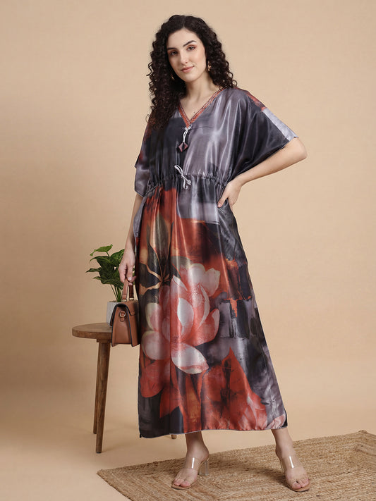Floral Reverie Satin Kaftan Nightgown