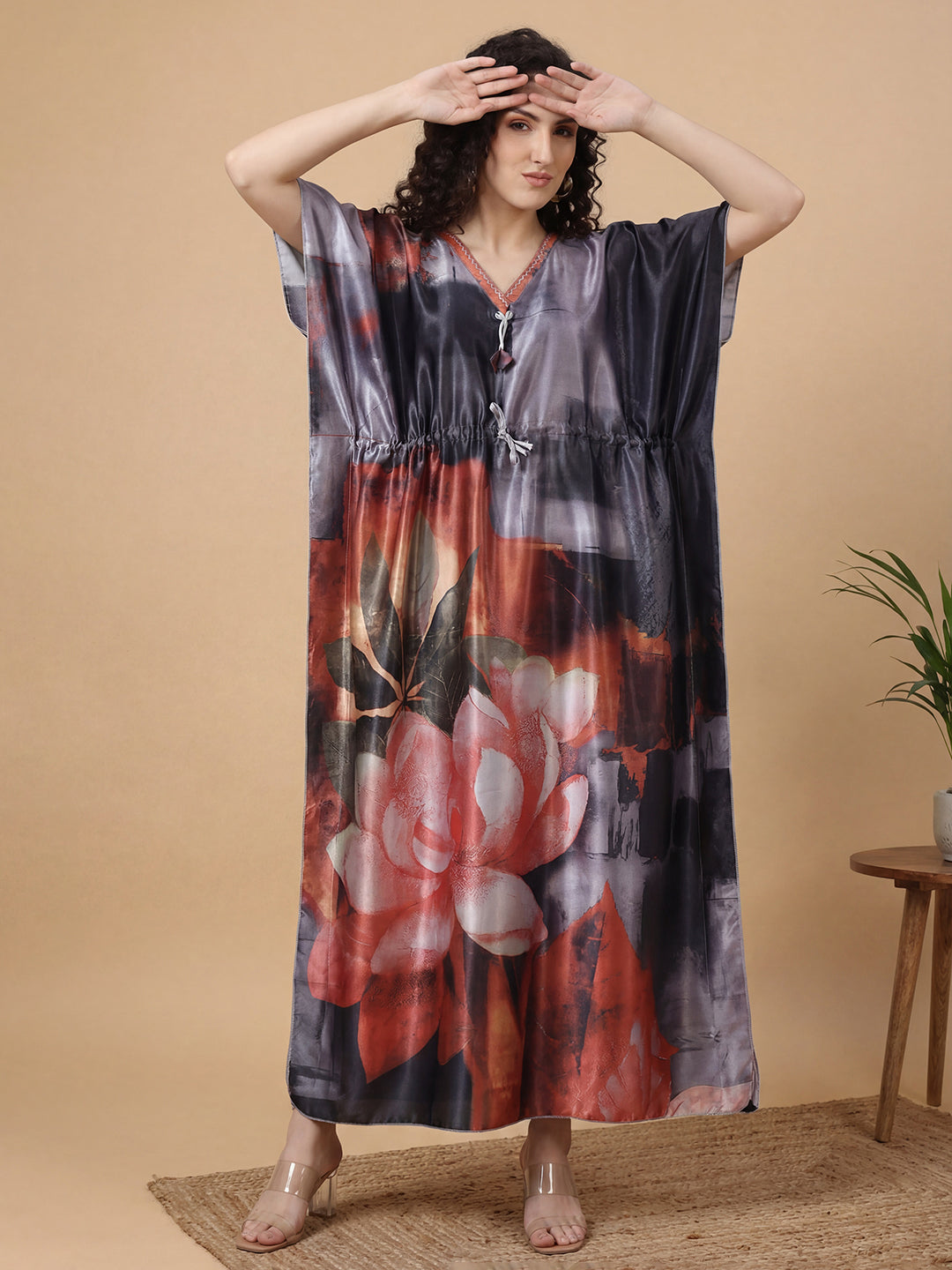 Floral Reverie Satin Kaftan Nightgown