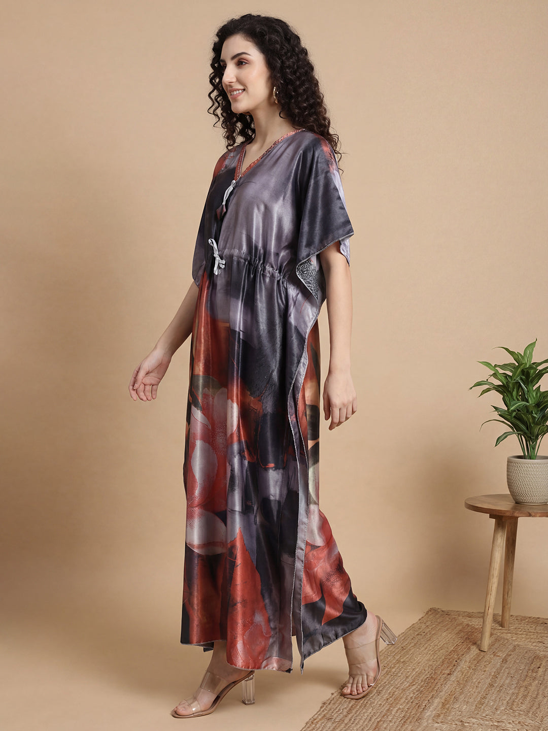 Floral Reverie Satin Kaftan Nightgown