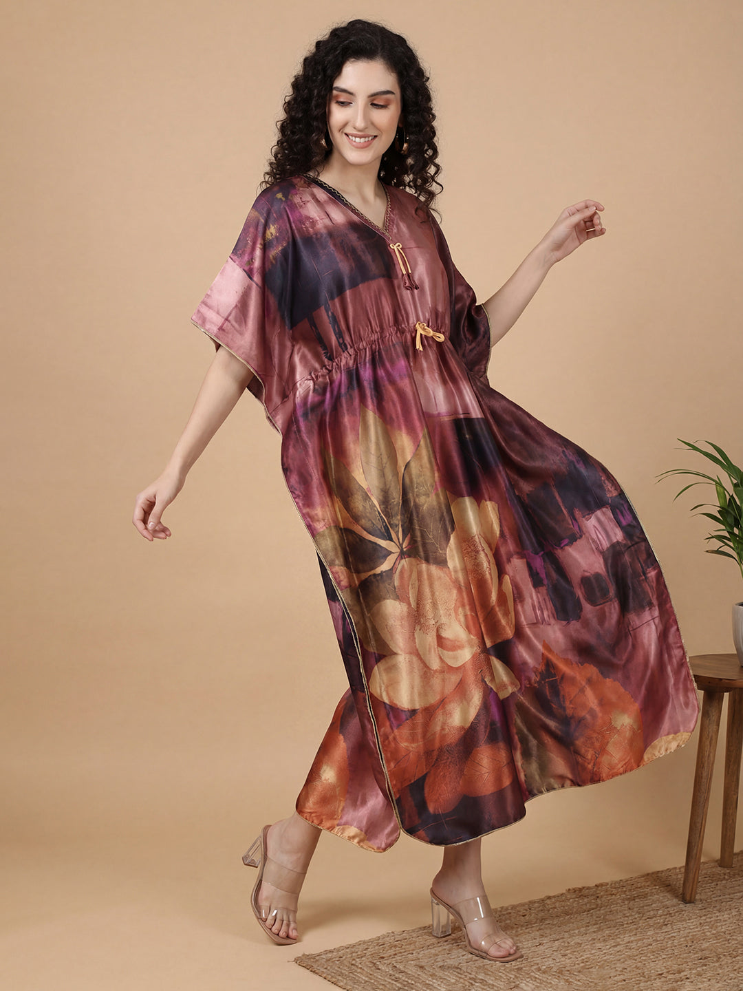 Floral Reverie Satin Kaftan Nightgown