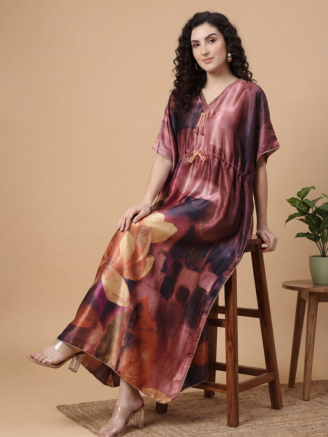 Floral Reverie Satin Kaftan Nightgown