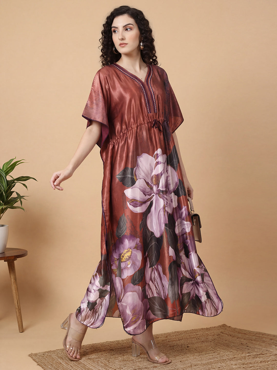 Ember Petals Satin Kaftan Nightgown