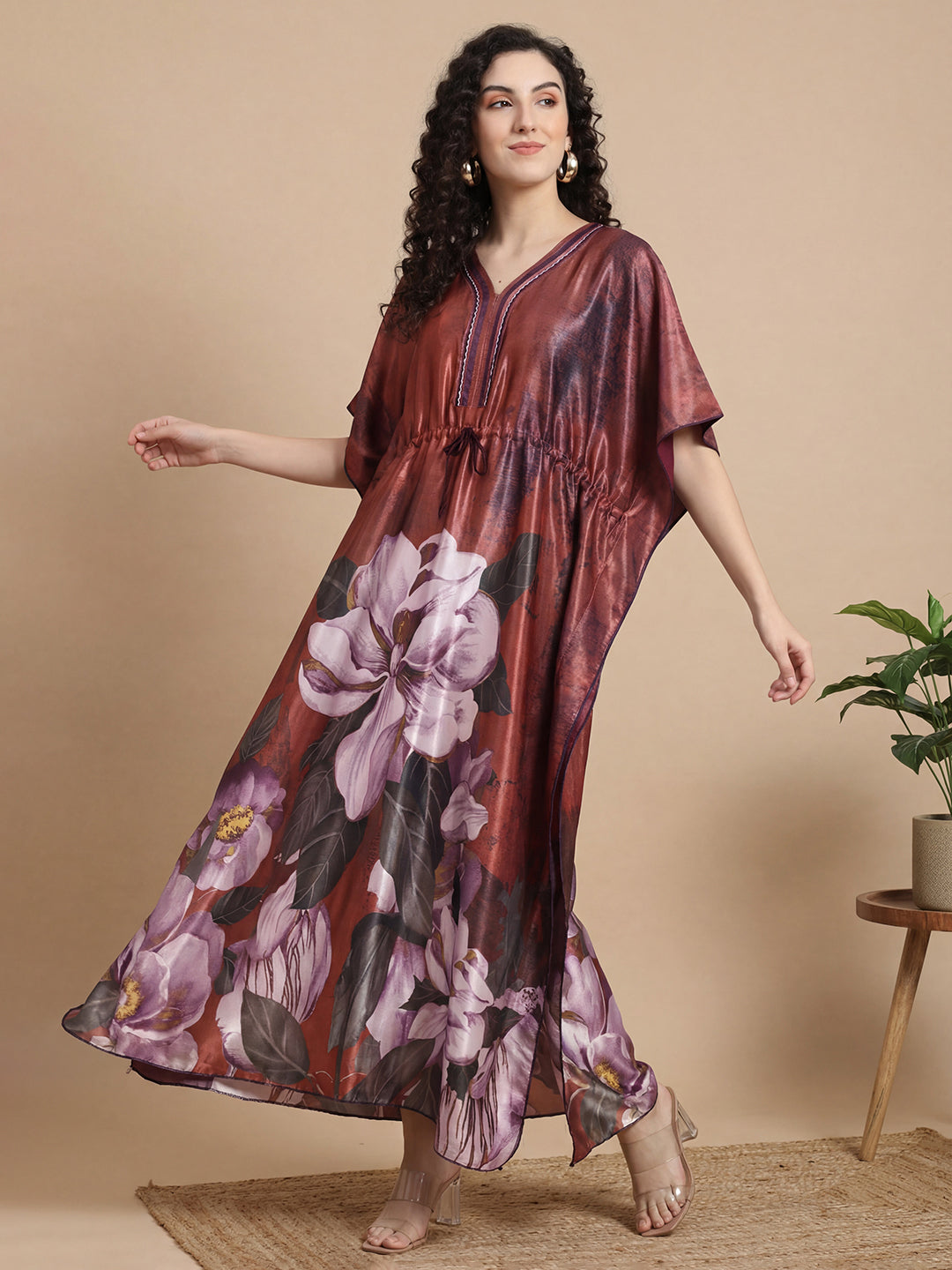 Ember Petals Satin Kaftan Nightgown