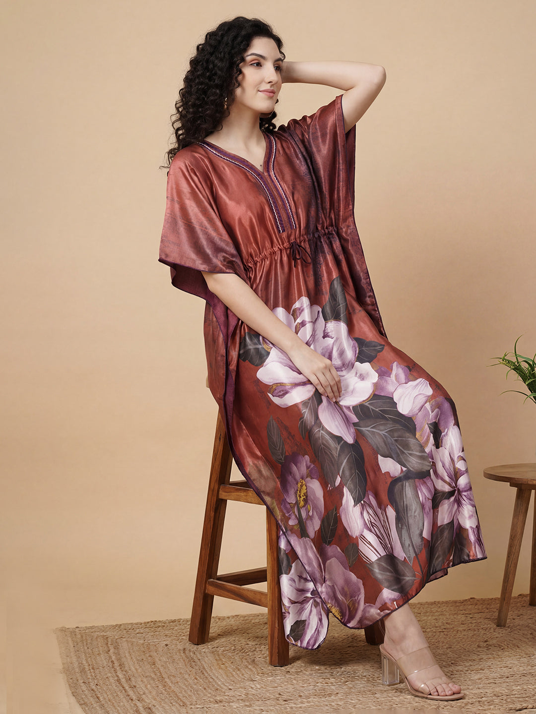 Ember Petals Satin Kaftan Nightgown
