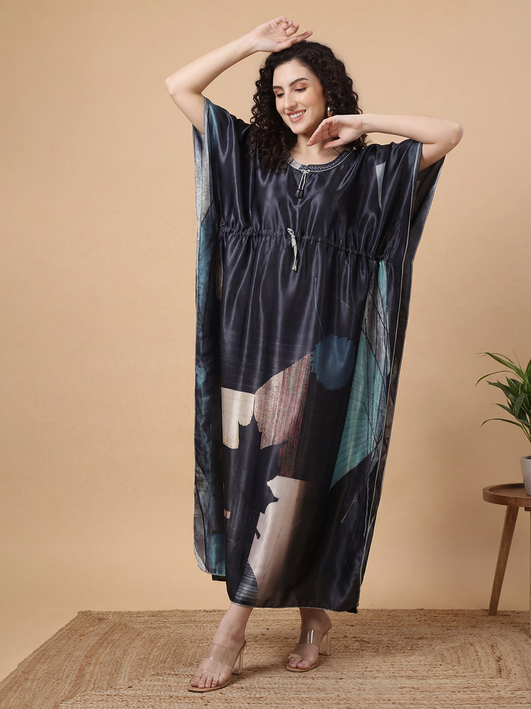 Charcoal Abstract Satin Kaftan Nightgown