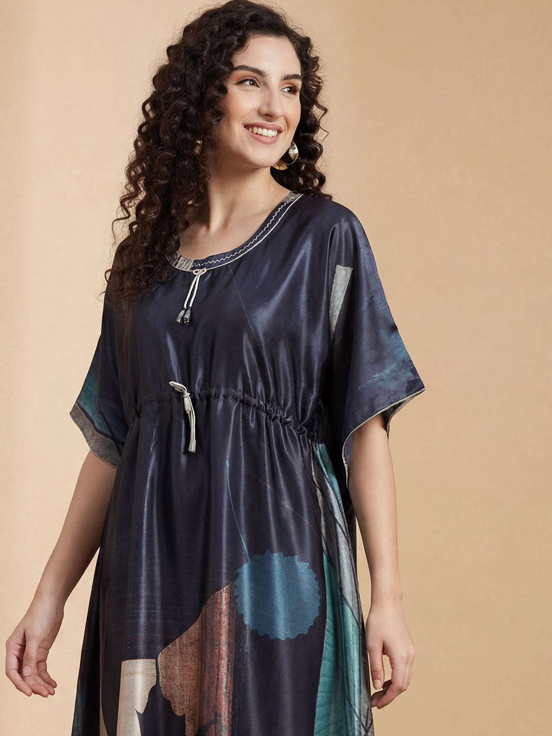 Charcoal Abstract Satin Kaftan Nightgown