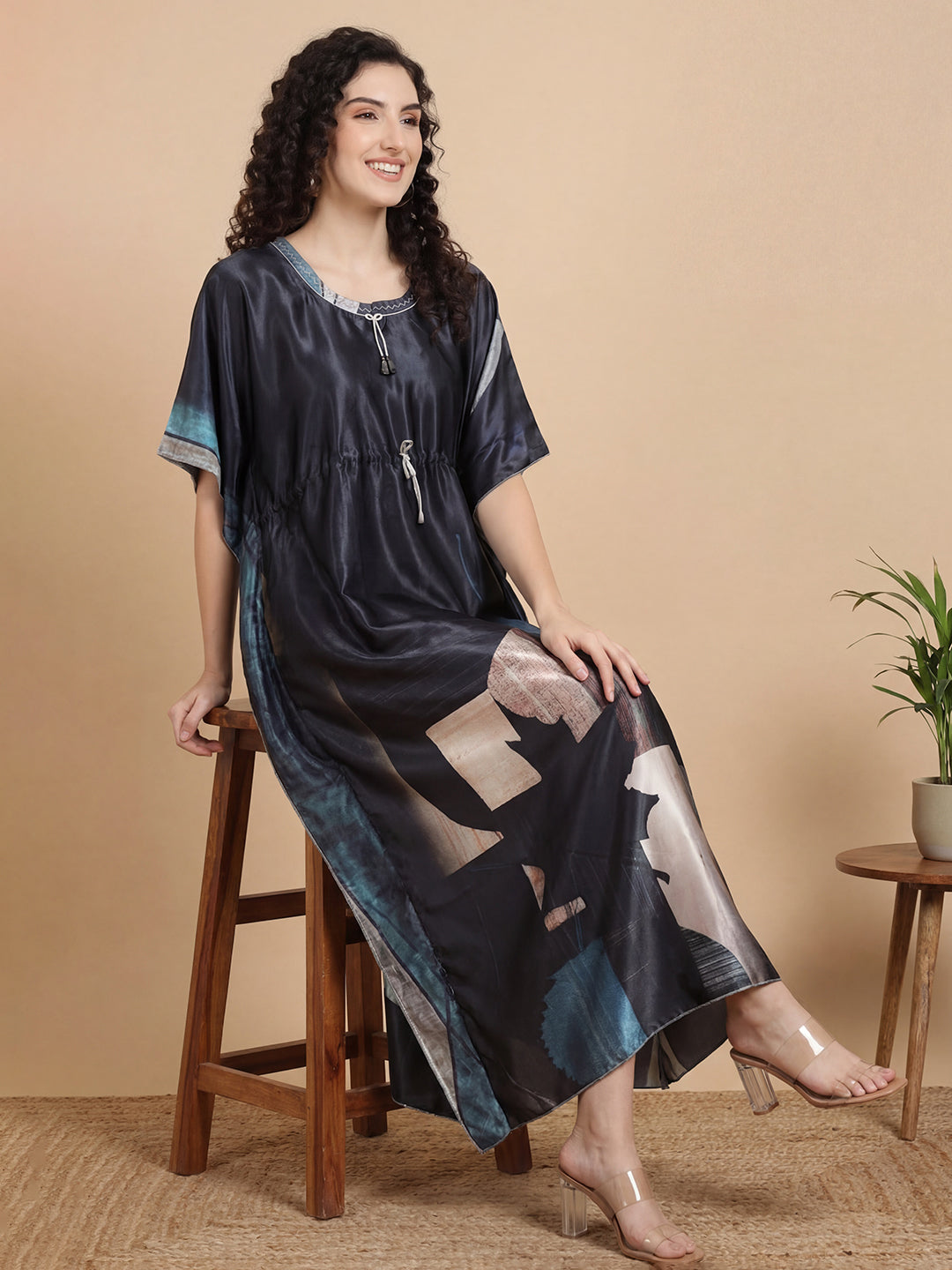 Charcoal Abstract Satin Kaftan Nightgown