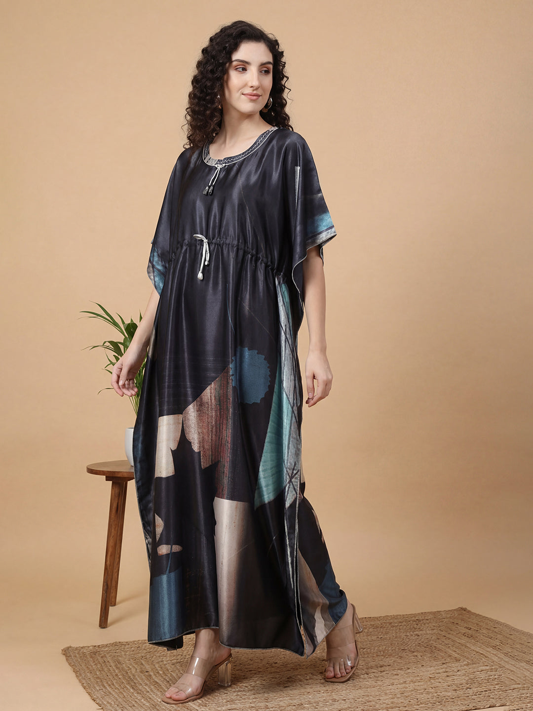 Charcoal Abstract Satin Kaftan Nightgown