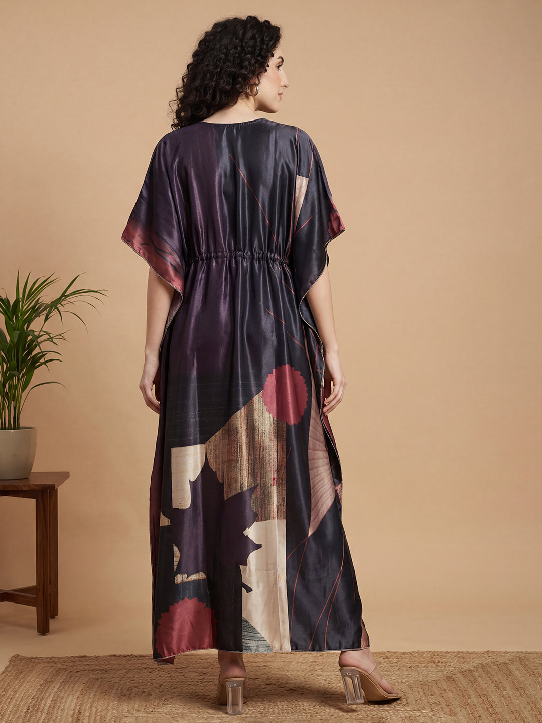 Charcoal Abstract Satin Kaftan Nightgown