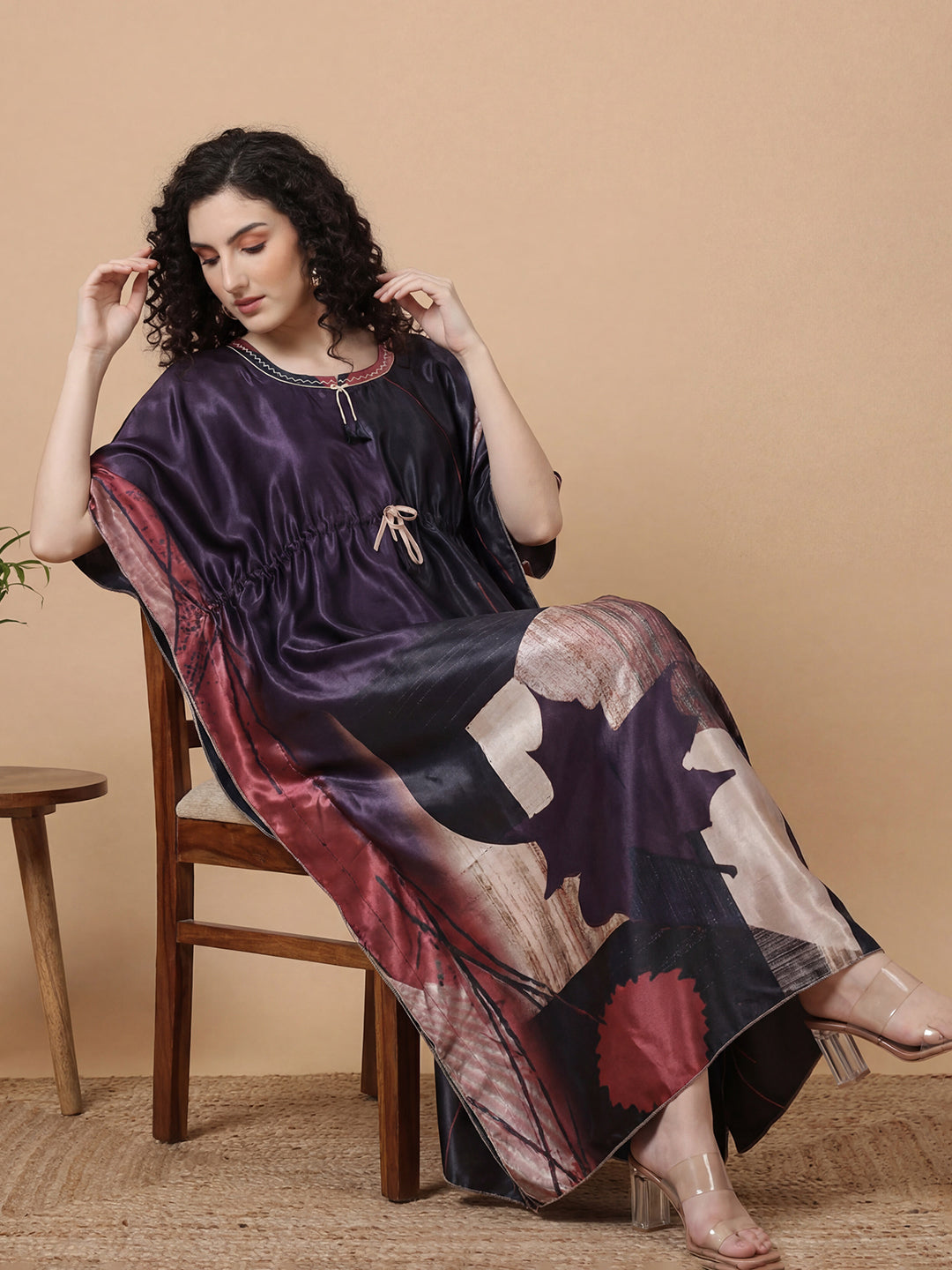 Charcoal Abstract Satin Kaftan Nightgown