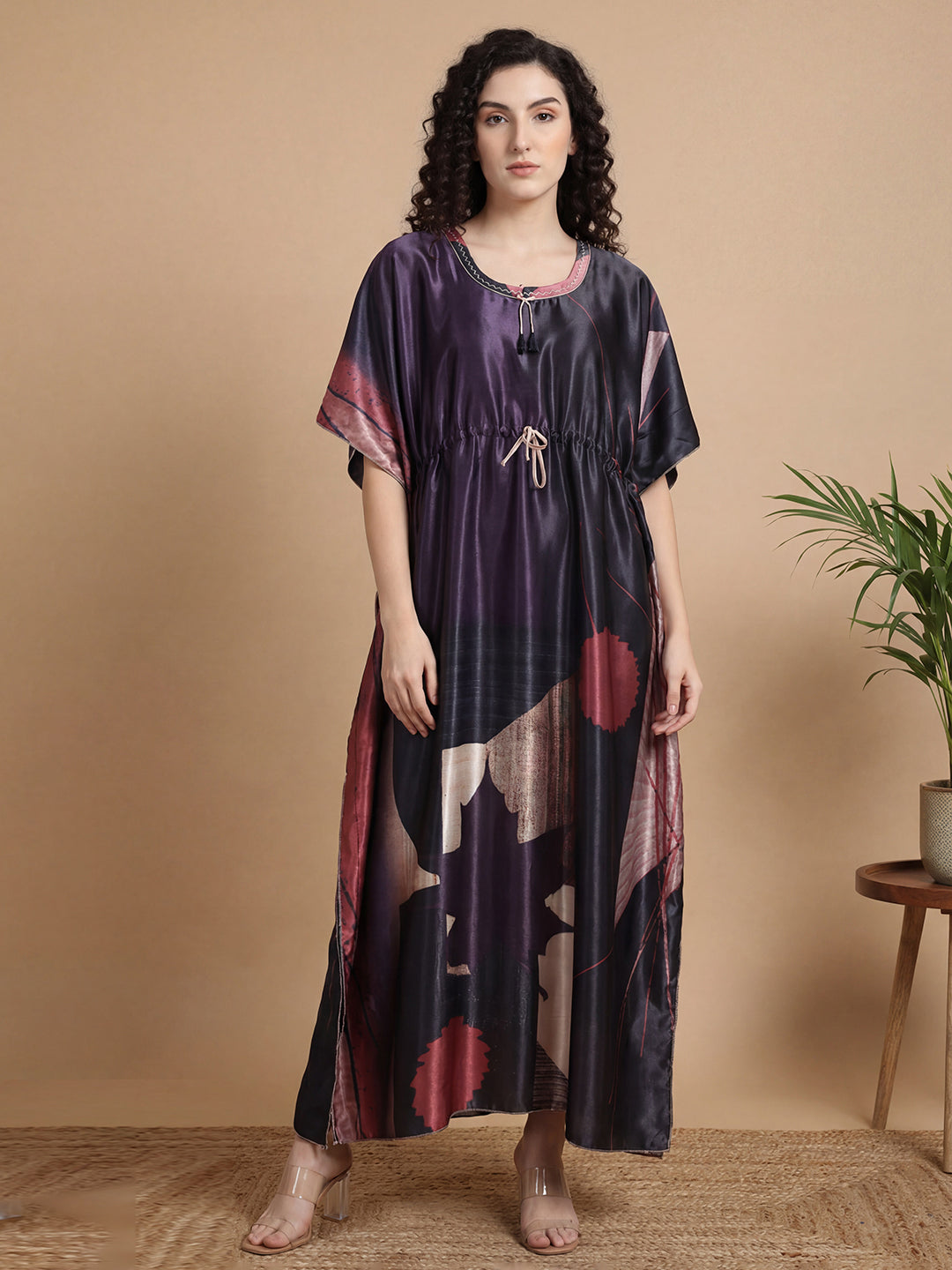 Charcoal Abstract Satin Kaftan Nightgown