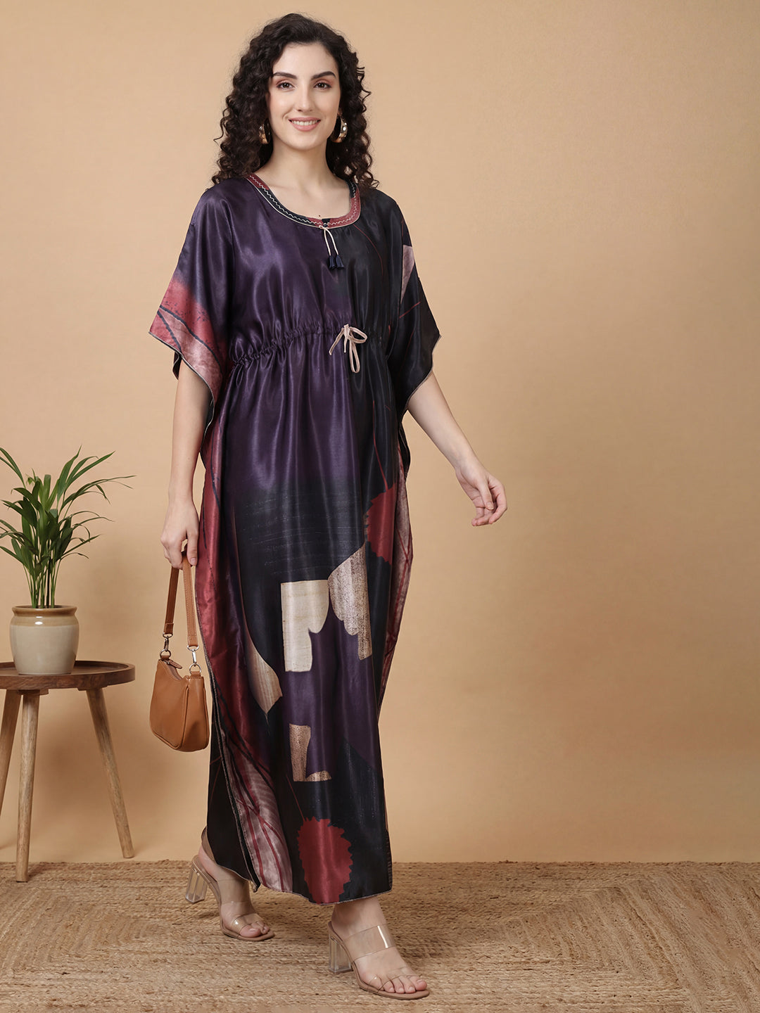 Charcoal Abstract Satin Kaftan Nightgown