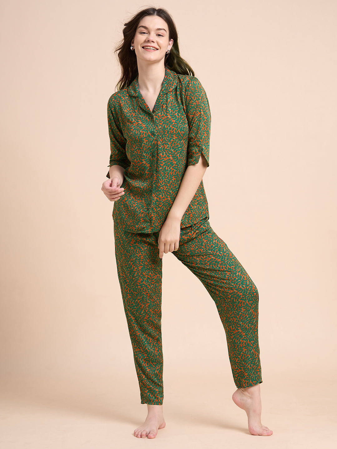 Auric Leaves - Silky Lounge Night Suit
