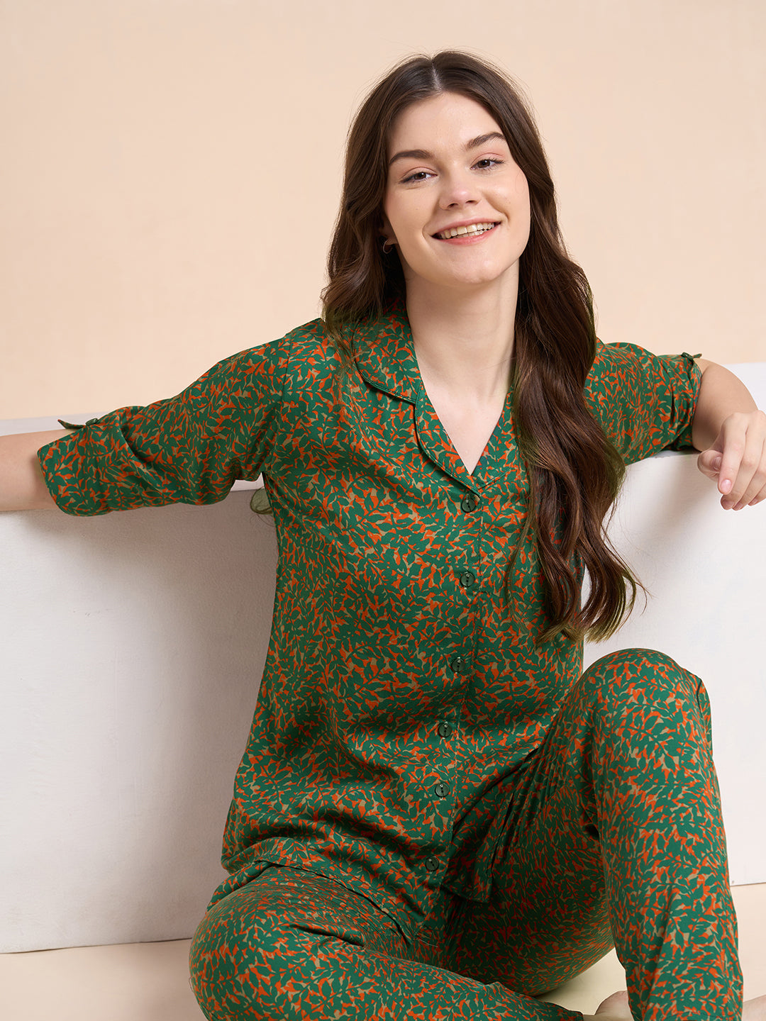 Auric Leaves - Silky Lounge Night Suit