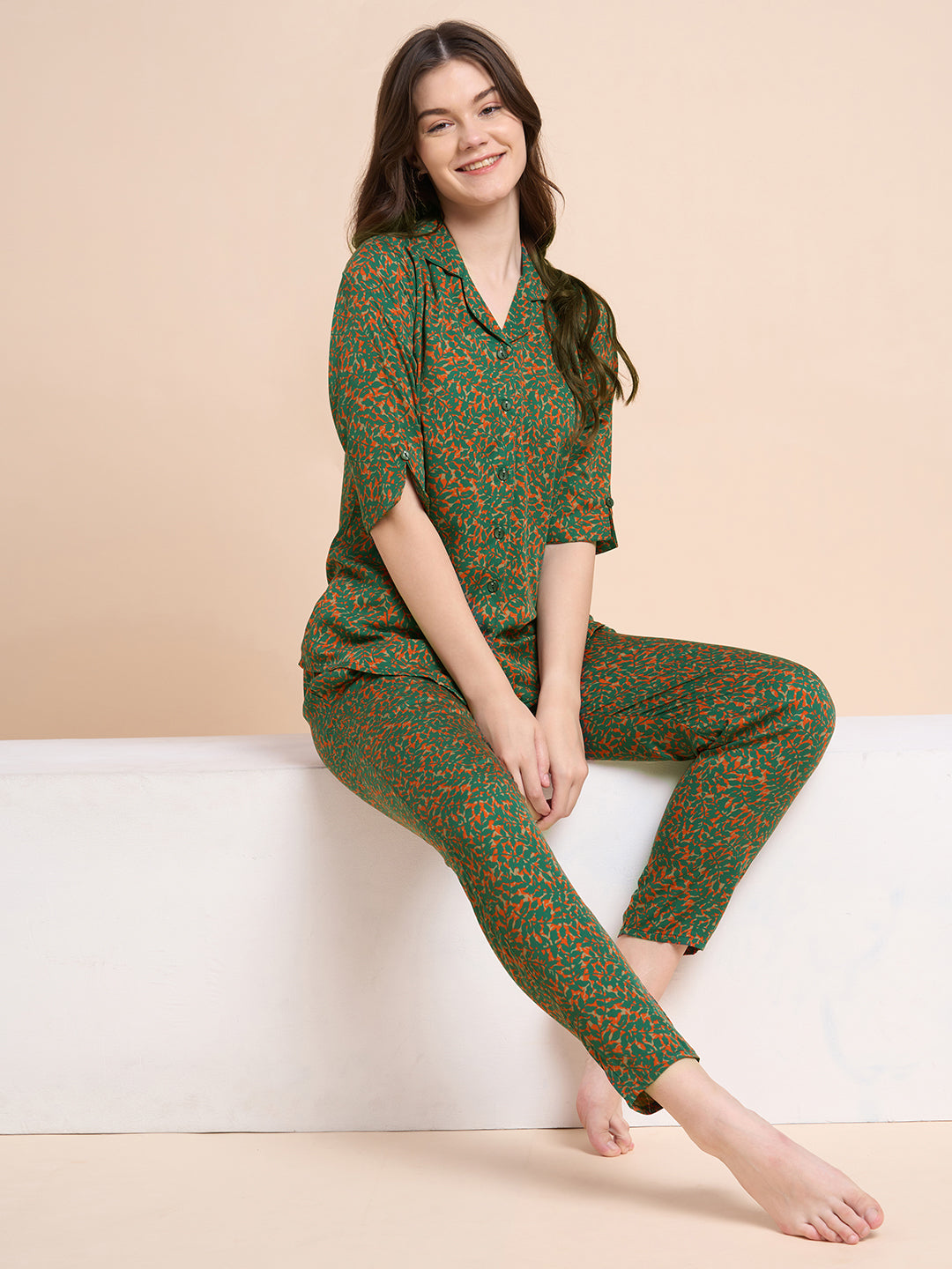 Auric Leaves - Silky Lounge Night Suit