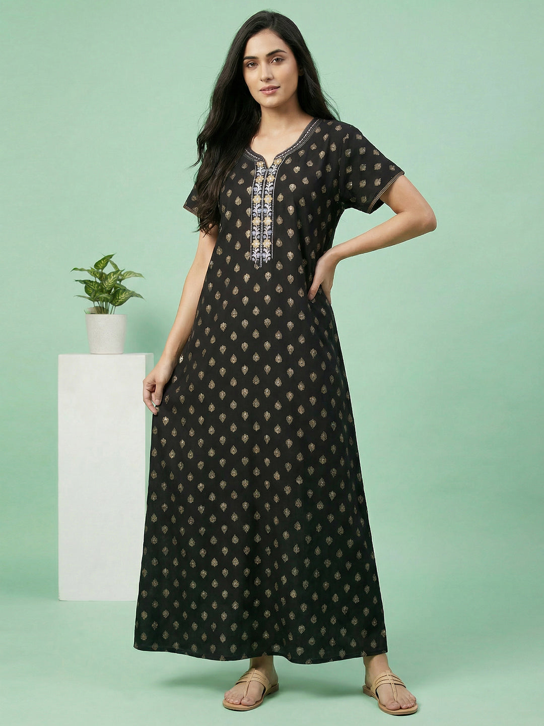 Alpine - Maxi Nightdress with Embroidered V-slit Neckline