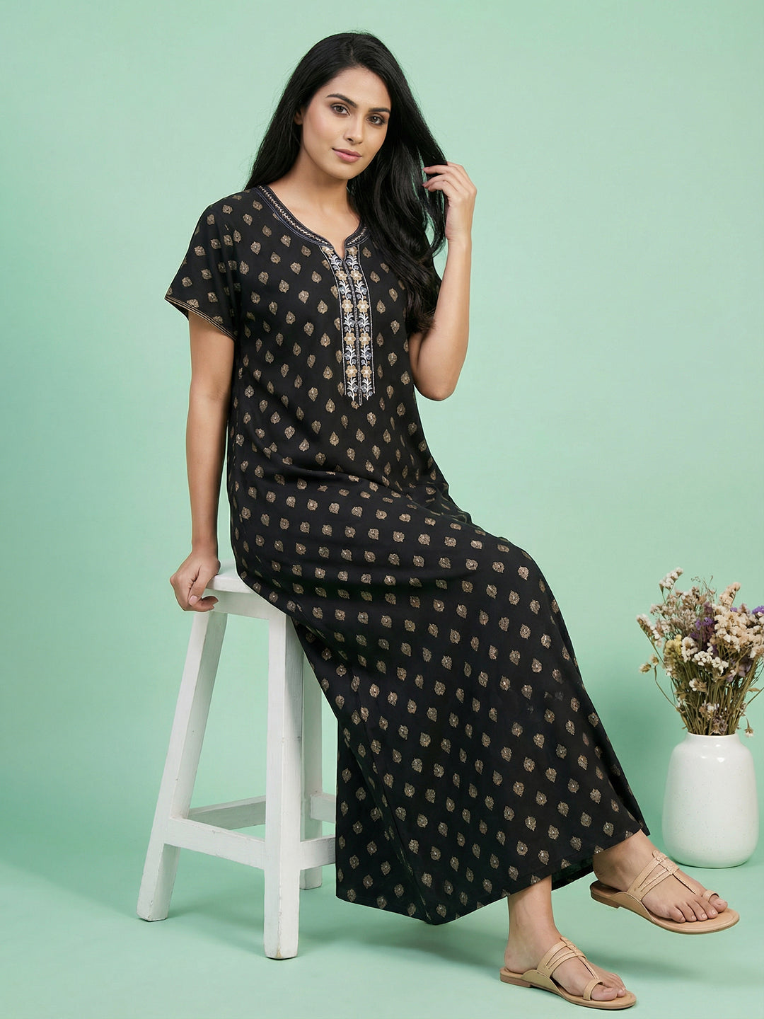 Alpine - Maxi Nightdress with Embroidered V-slit Neckline