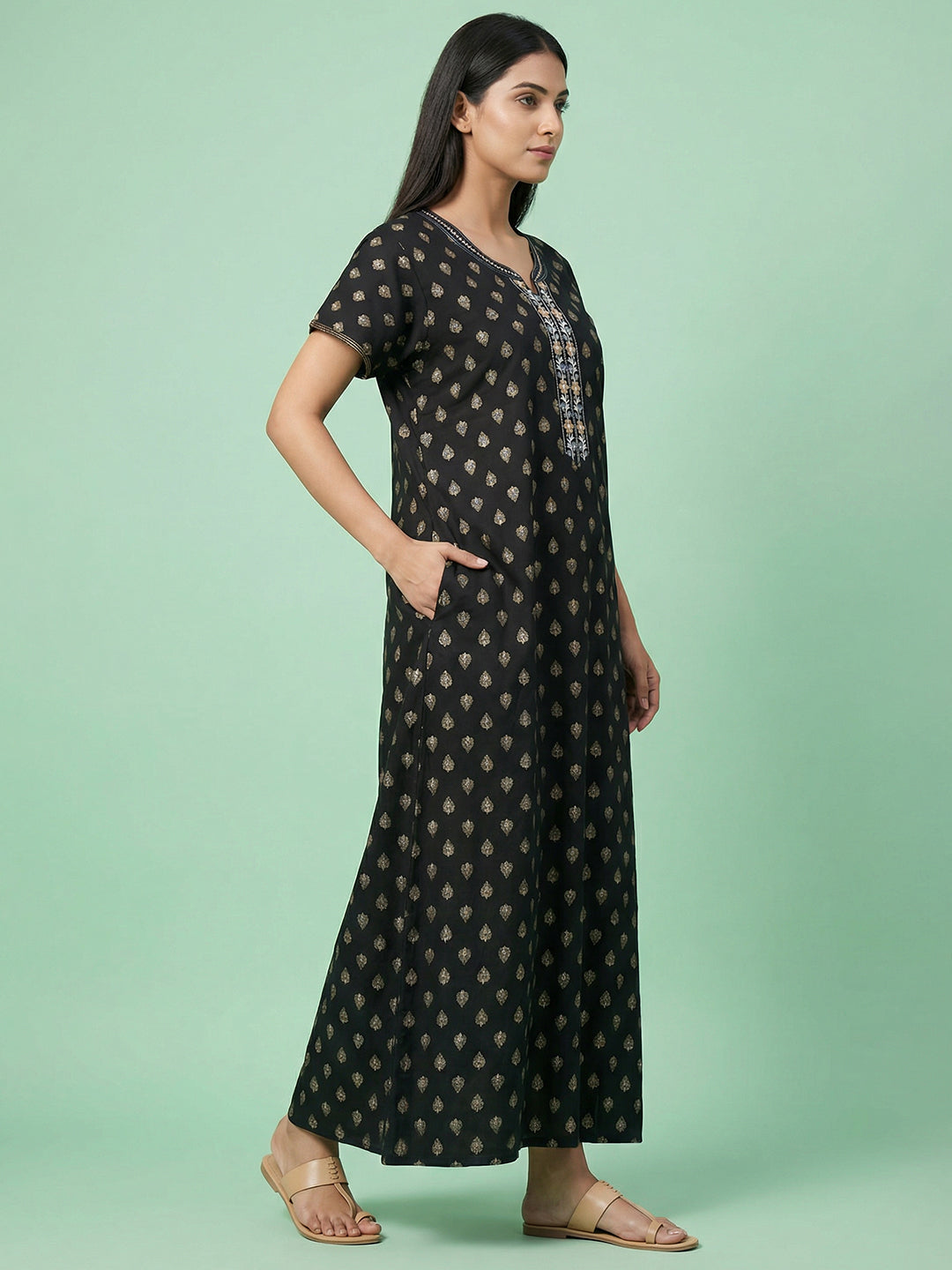 Alpine - Maxi Nightdress with Embroidered V-slit Neckline