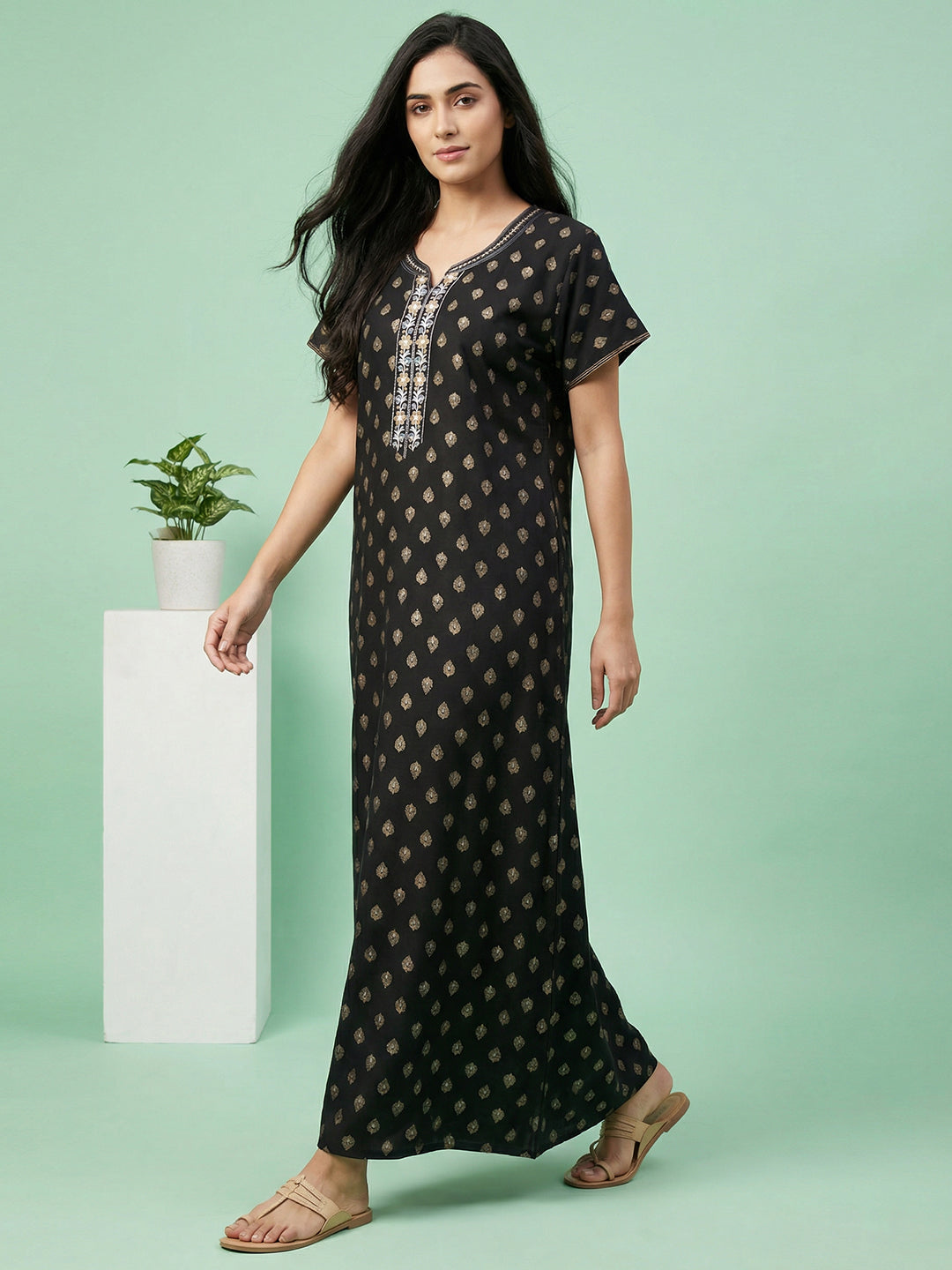 Alpine - Maxi Nightdress with Embroidered V-slit Neckline
