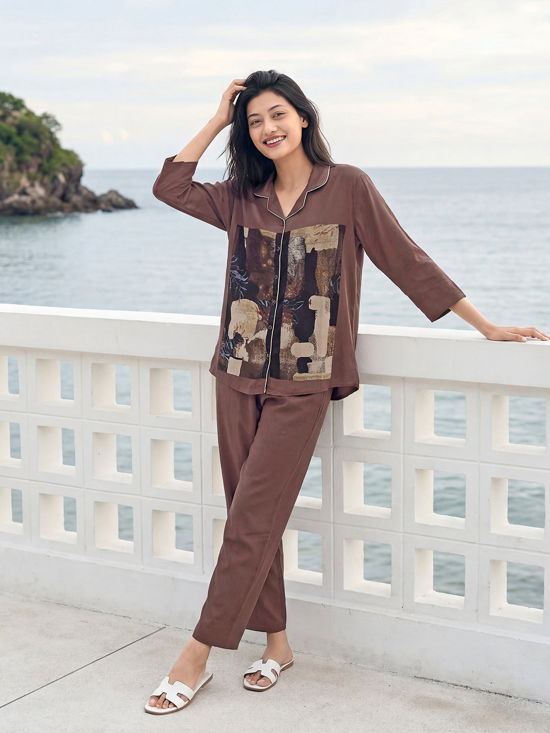 Stone Canvas Satin Night Co-ord Set