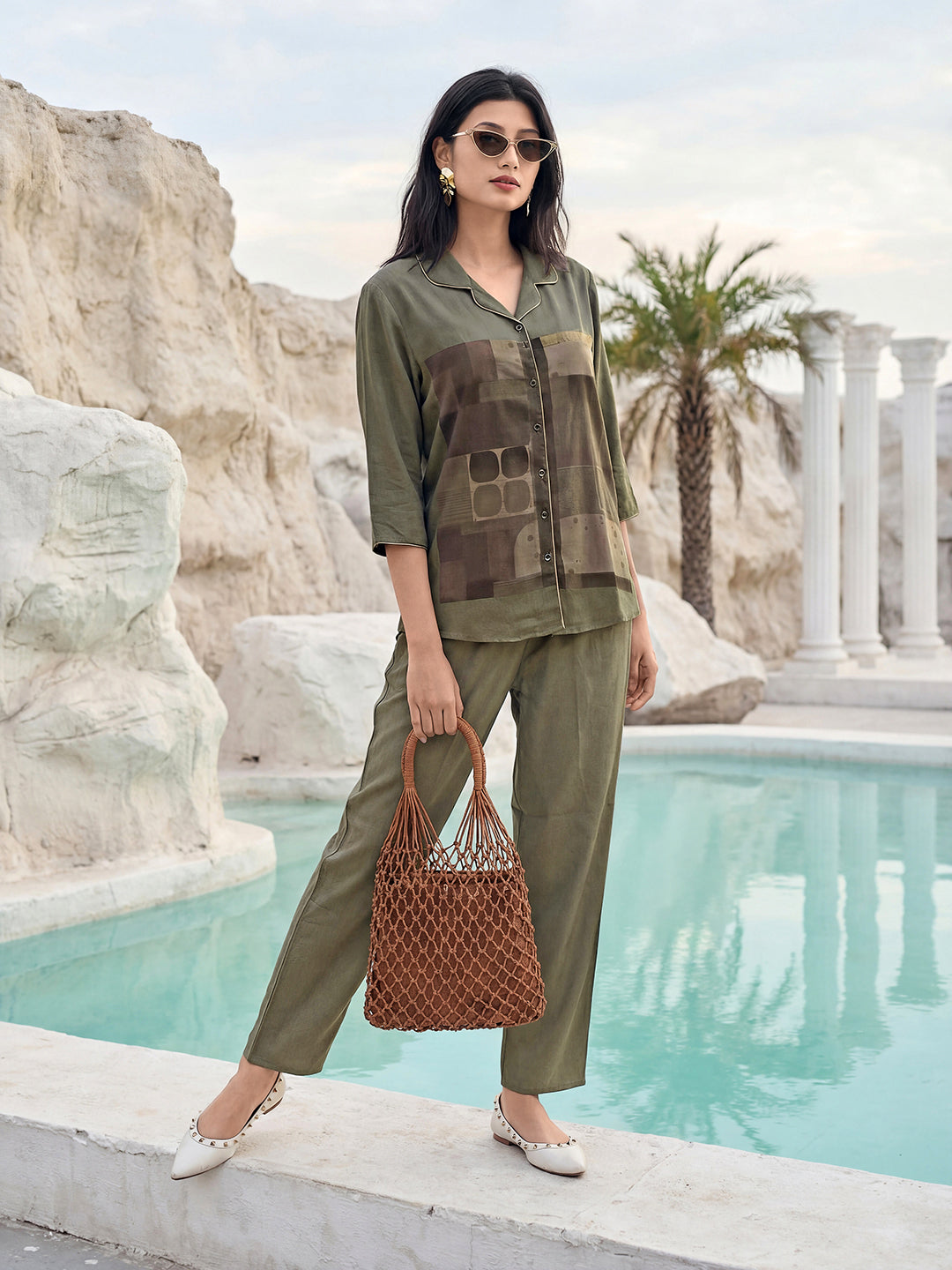 Olive Mosaic Satin Night Co-ord Set