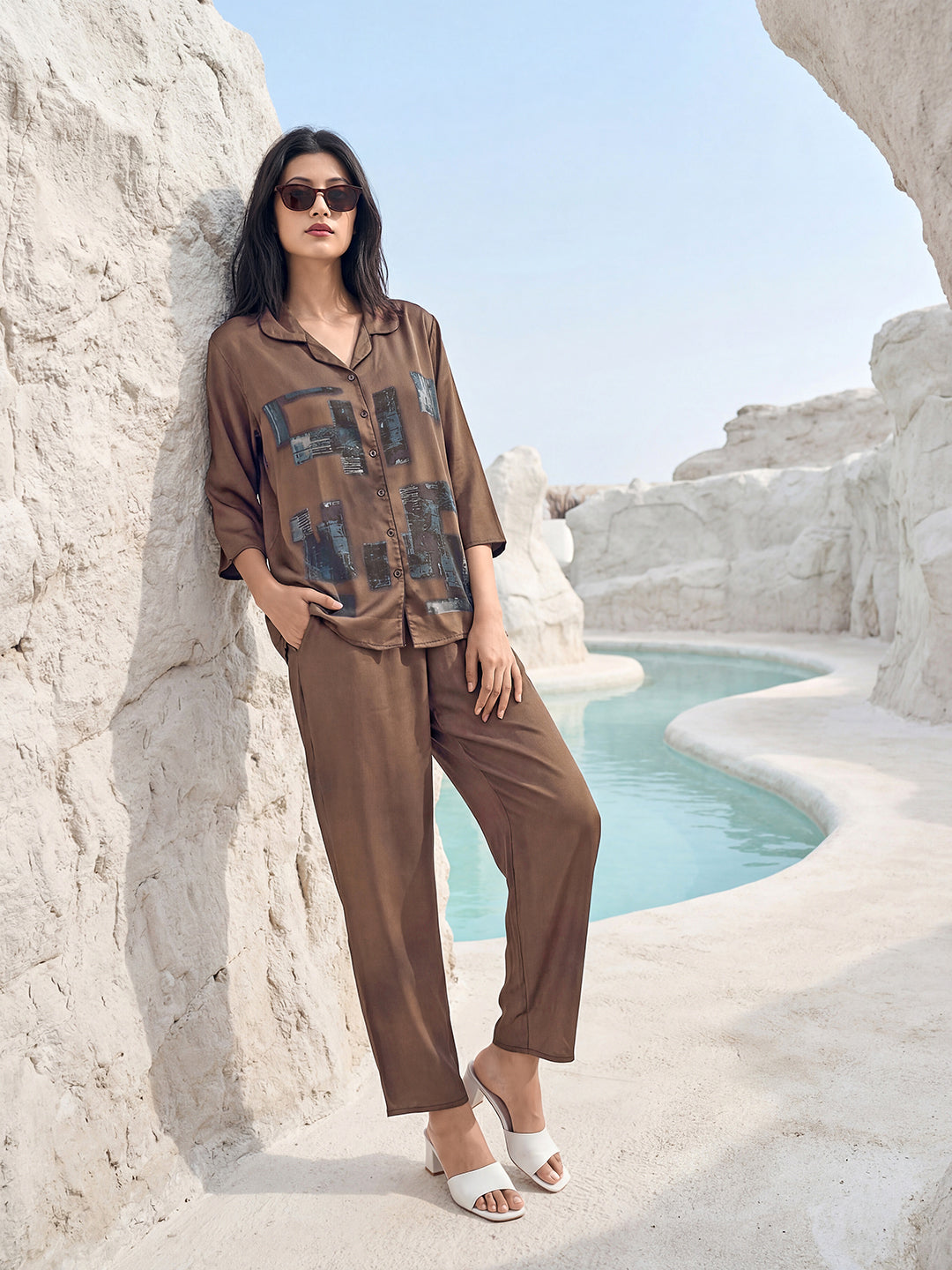 Rust Matrix Satin Night Co-ord Set