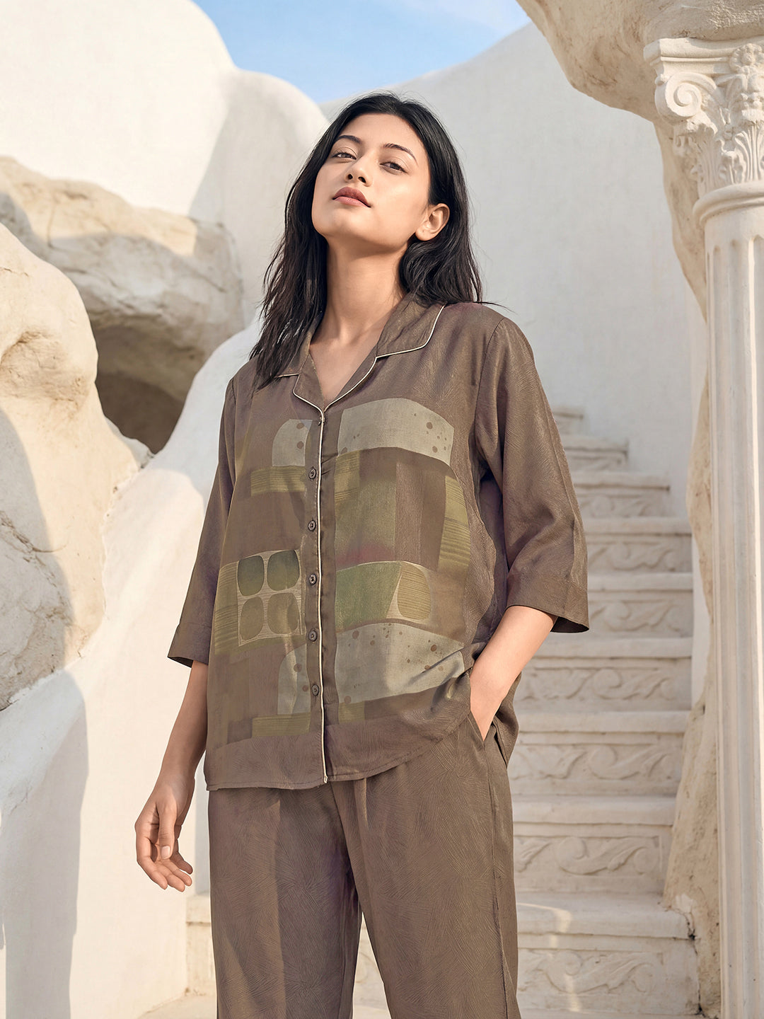 Olive Mosaic Satin Night Co-ord Set