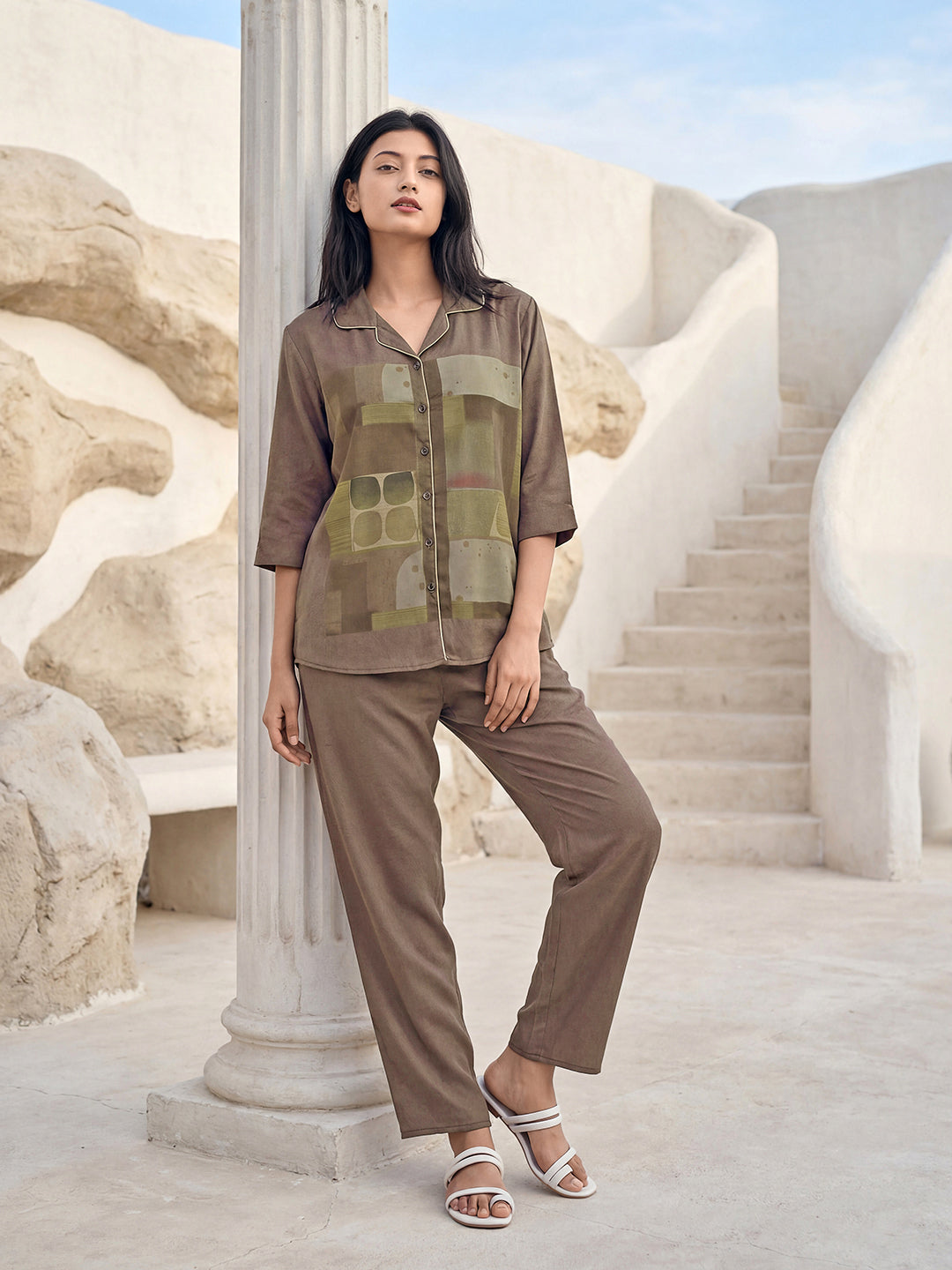 Olive Mosaic Satin Night Co-ord Set