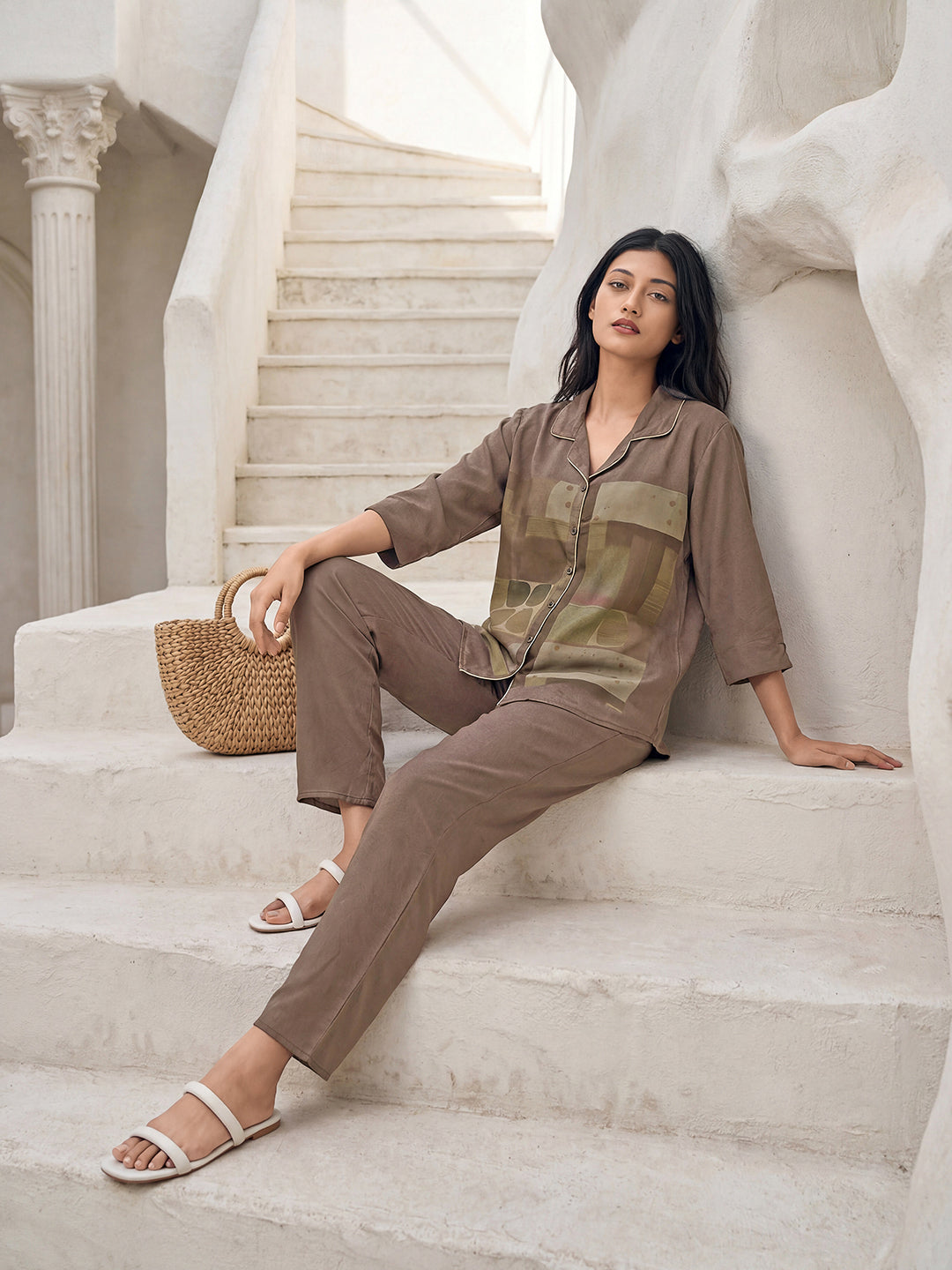 Olive Mosaic Satin Night Co-ord Set