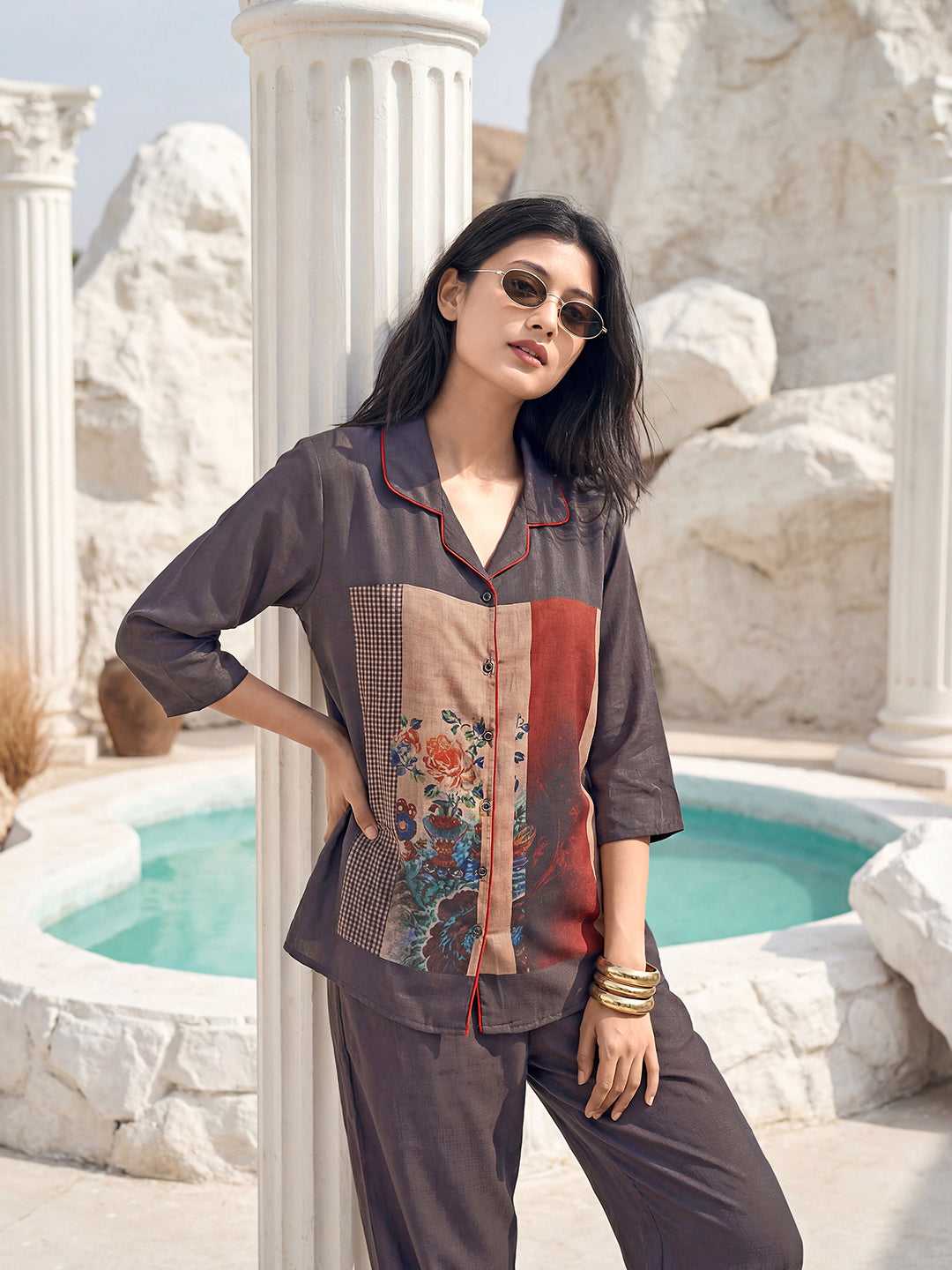 Rose Panel Satin Night Co-ord Set