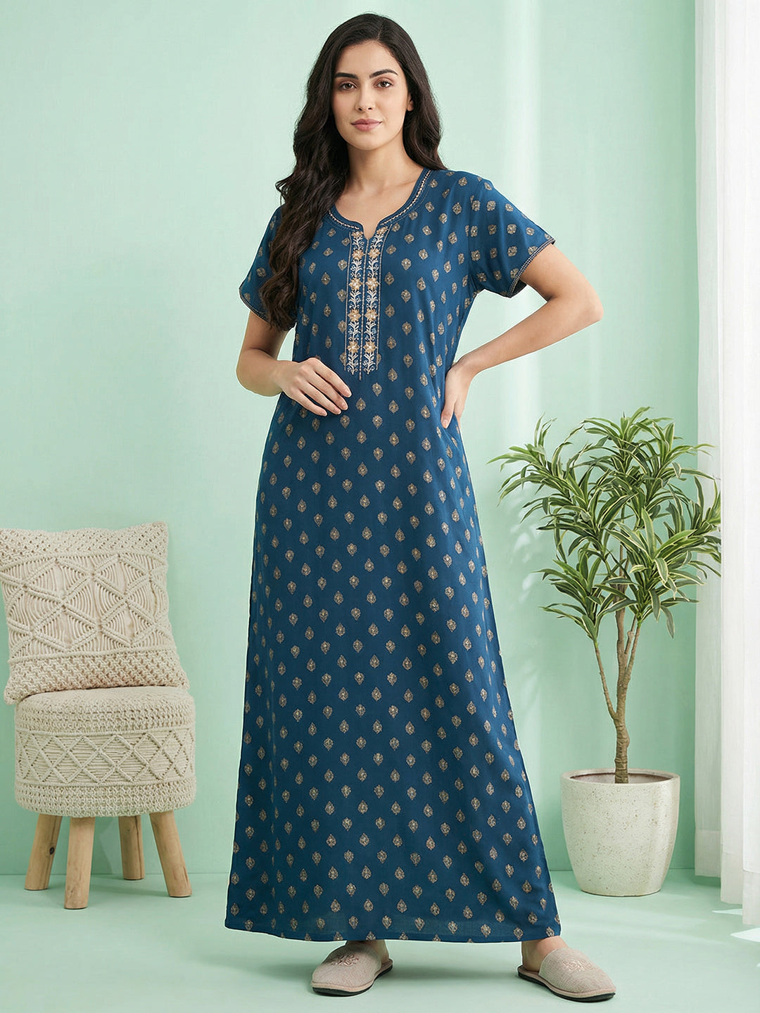 Alpine - Maxi Nightdress with Embroidered V-slit Neckline